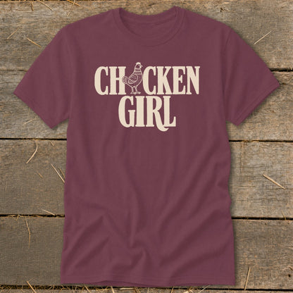 Maroon t-shirt with "CHICKEN GIRL" text and a chicken graphic.