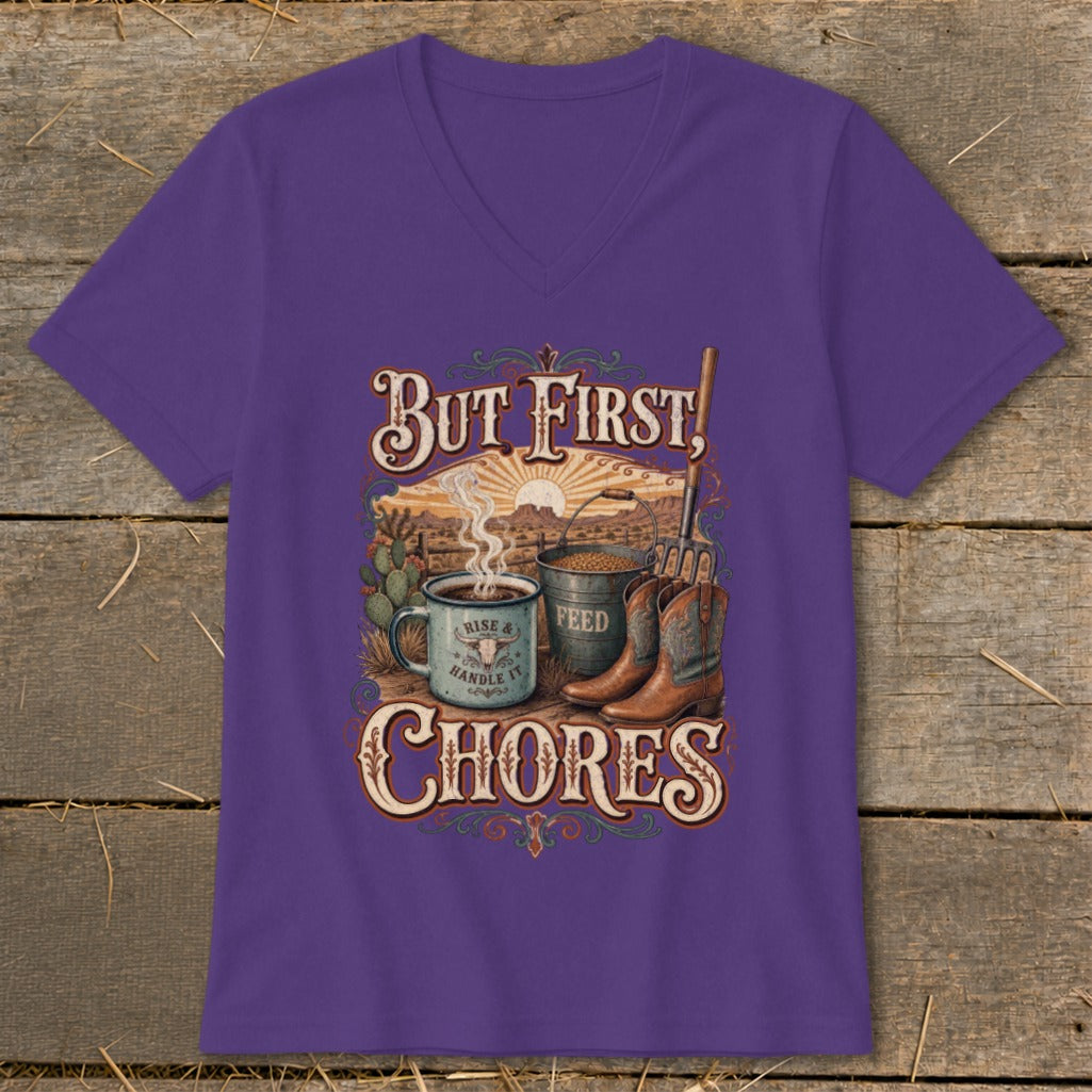 Purple t-shirt with "But First, Chores" graphic featuring coffee, feed bucket, and boots.