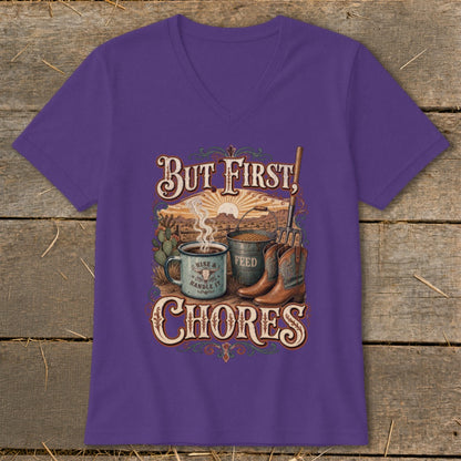 Purple t-shirt with "But First, Chores" graphic featuring coffee, feed bucket, and boots.