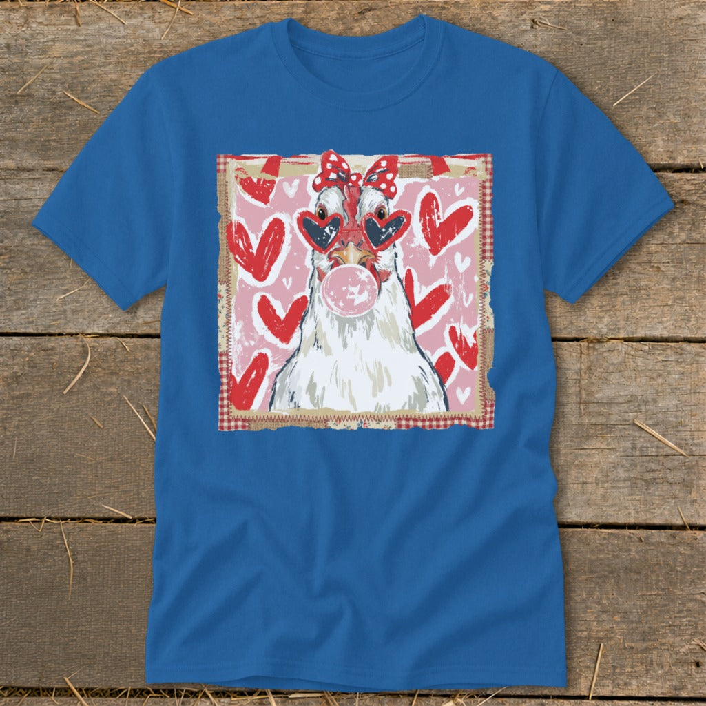 Chicken wearing heart sunglasses and a bow, blowing bubblegum with hearts background.