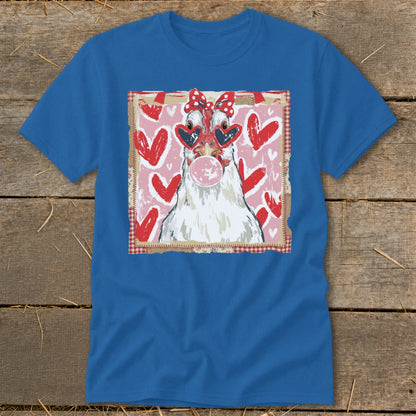 Chicken wearing heart sunglasses and a bow, blowing bubblegum with hearts background.