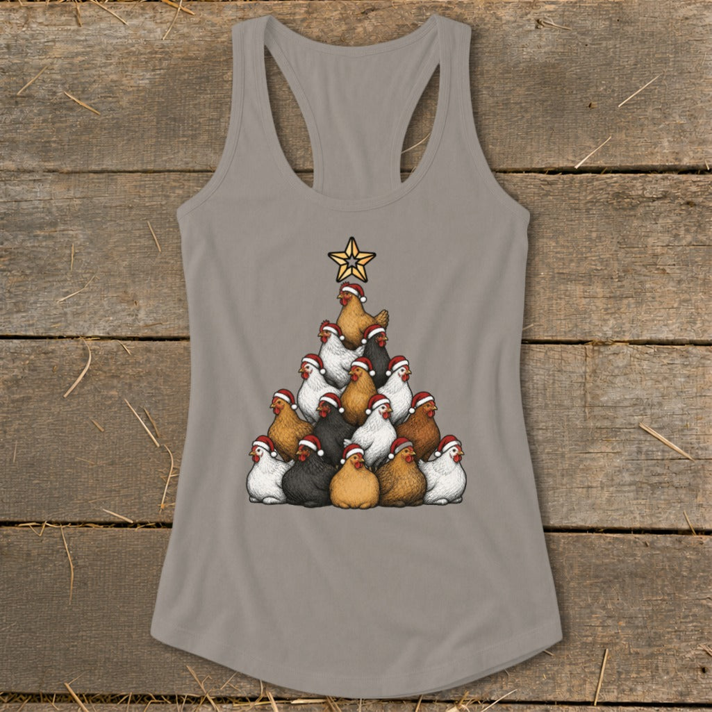Grey tank top with a Christmas tree made of chickens wearing Santa hats.