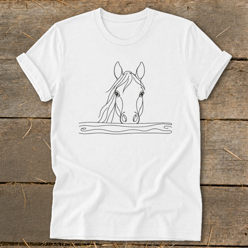 White t-shirt with a black line drawing of a horse's head and wavy lines.