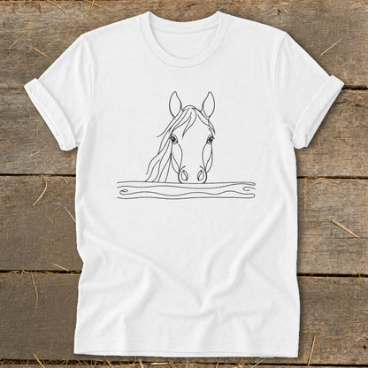 White t-shirt with a black line drawing of a horse's head and wavy lines.