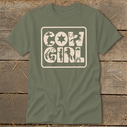 Olive green t-shirt with "COW GIRL" graphic featuring western silhouettes.