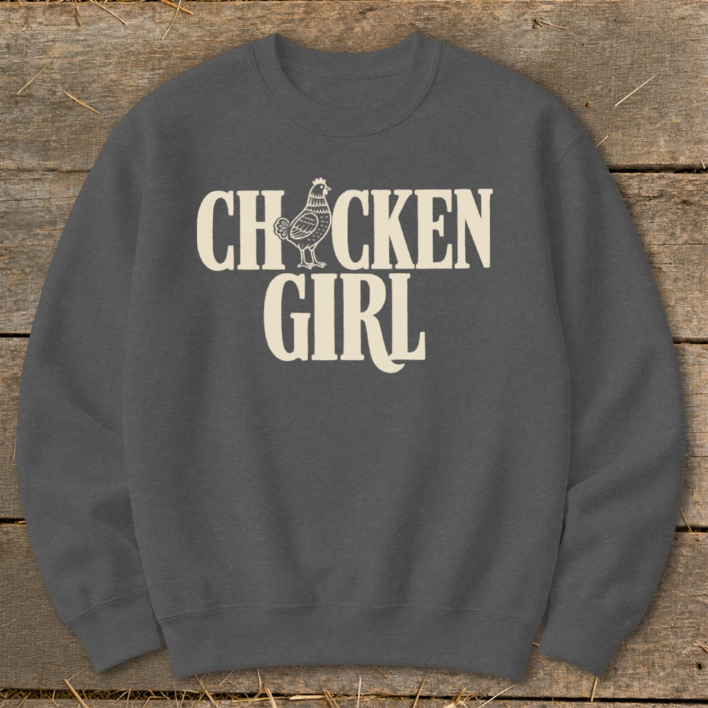 Gray sweatshirt with "CHICKEN GIRL" text and a chicken graphic.