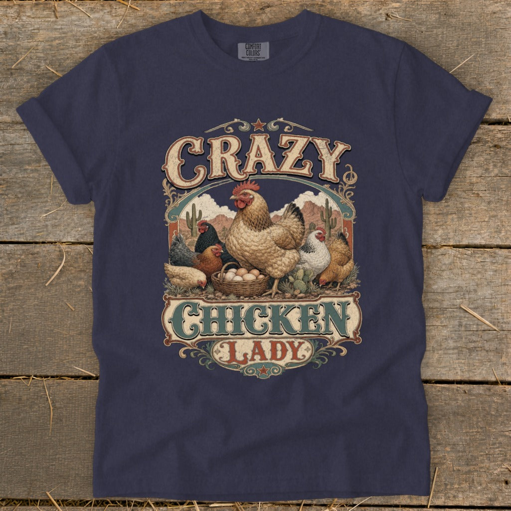 Navy t-shirt with "Crazy Chicken Lady" text and a rustic chicken farm illustration.