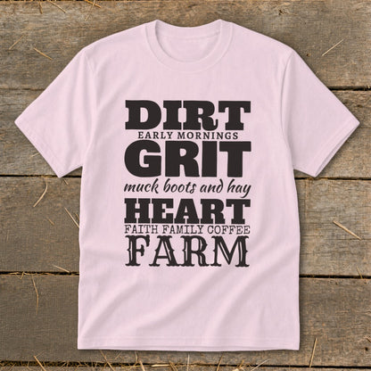 Pink t-shirt with "Dirt, Grit, Heart, Farm" text and farm-related phrases.