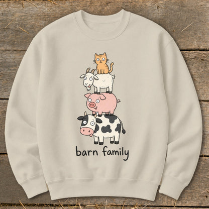 Cream sweatshirt with a cow, pig, goat, and cat stacked, reads "barn family."