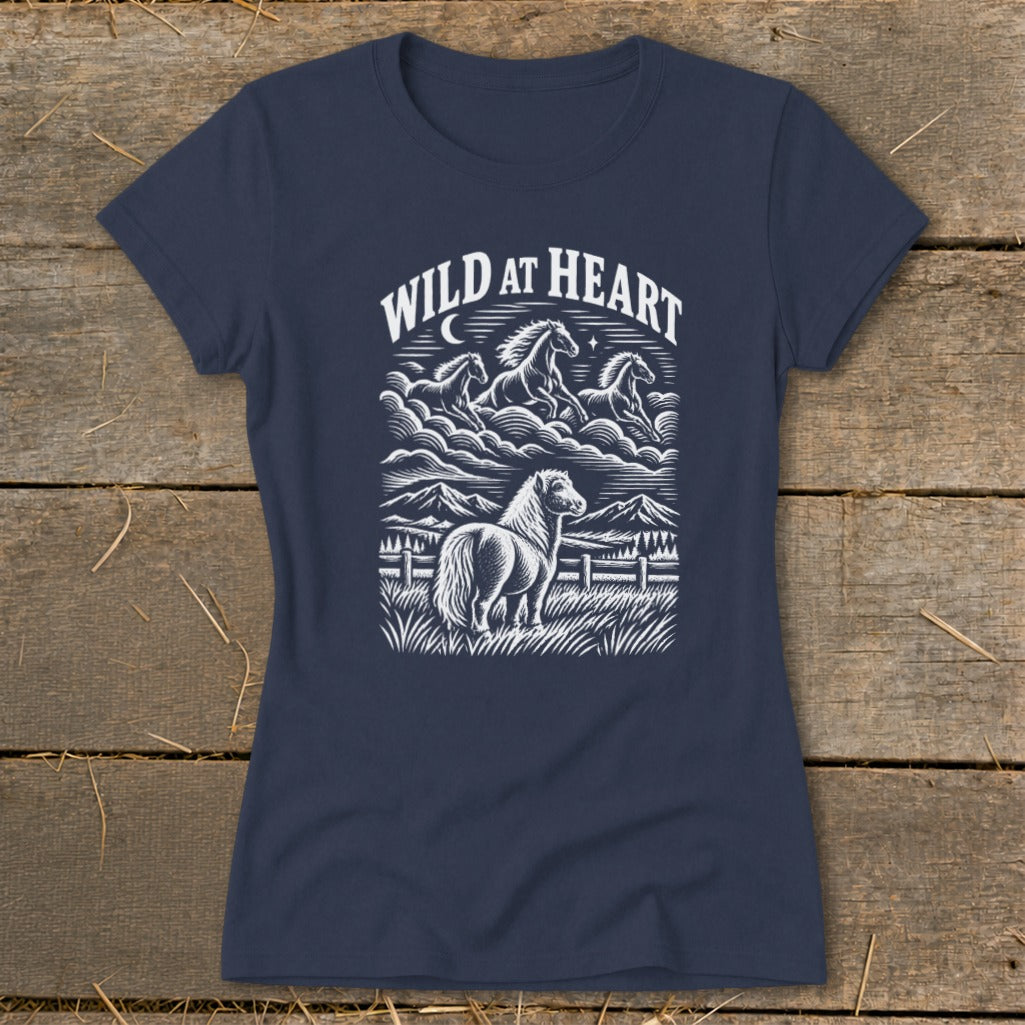 Navy t-shirt with "Wild at Heart" text and a graphic of horses in clouds and on land.