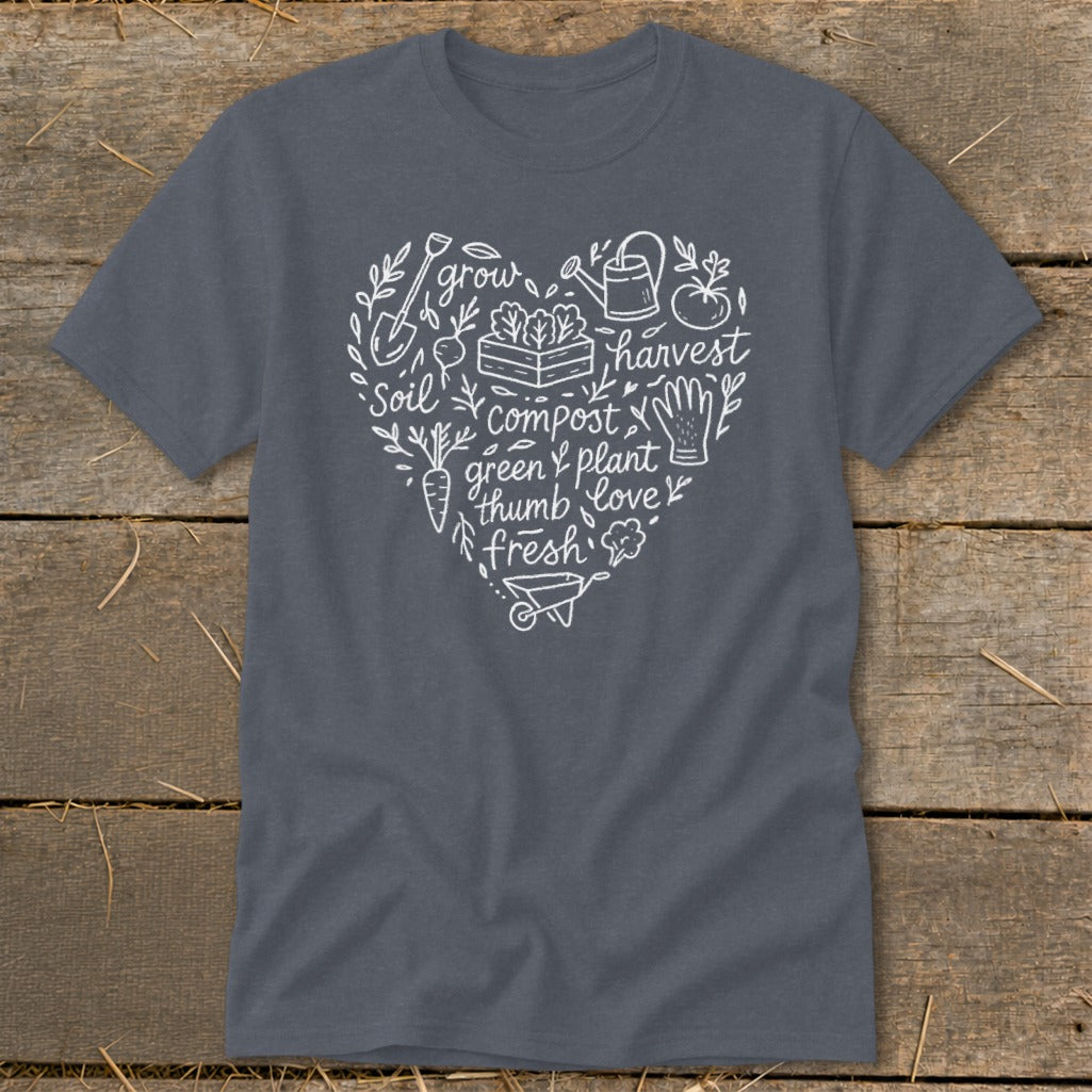 Grey t-shirt with a white heart design featuring gardening icons and text about growing.