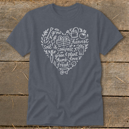 Grey t-shirt with a white heart design featuring gardening icons and text about growing.