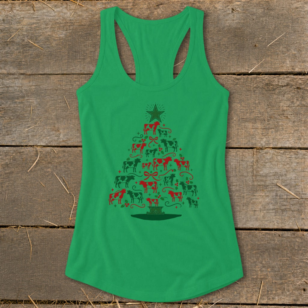Green tank top with a Christmas tree made of red and green cows.