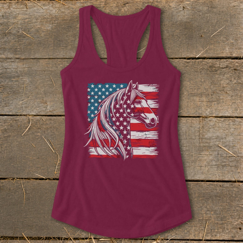 Maroon tank top with a distressed American flag and horse graphic.