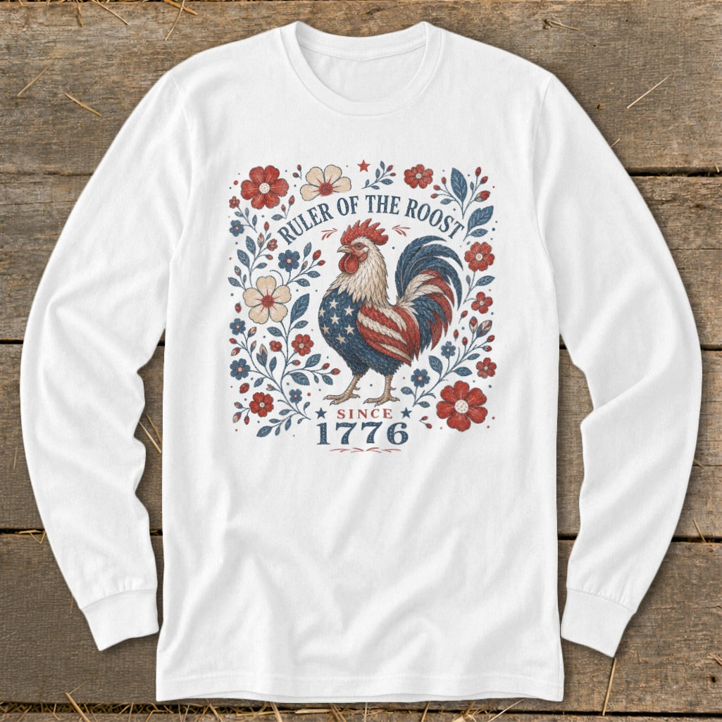 White long-sleeve shirt with a patriotic rooster graphic and "Since 1776" text.