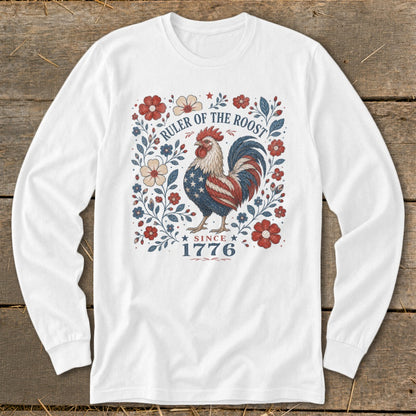 White long-sleeve shirt with a patriotic rooster graphic and "Since 1776" text.