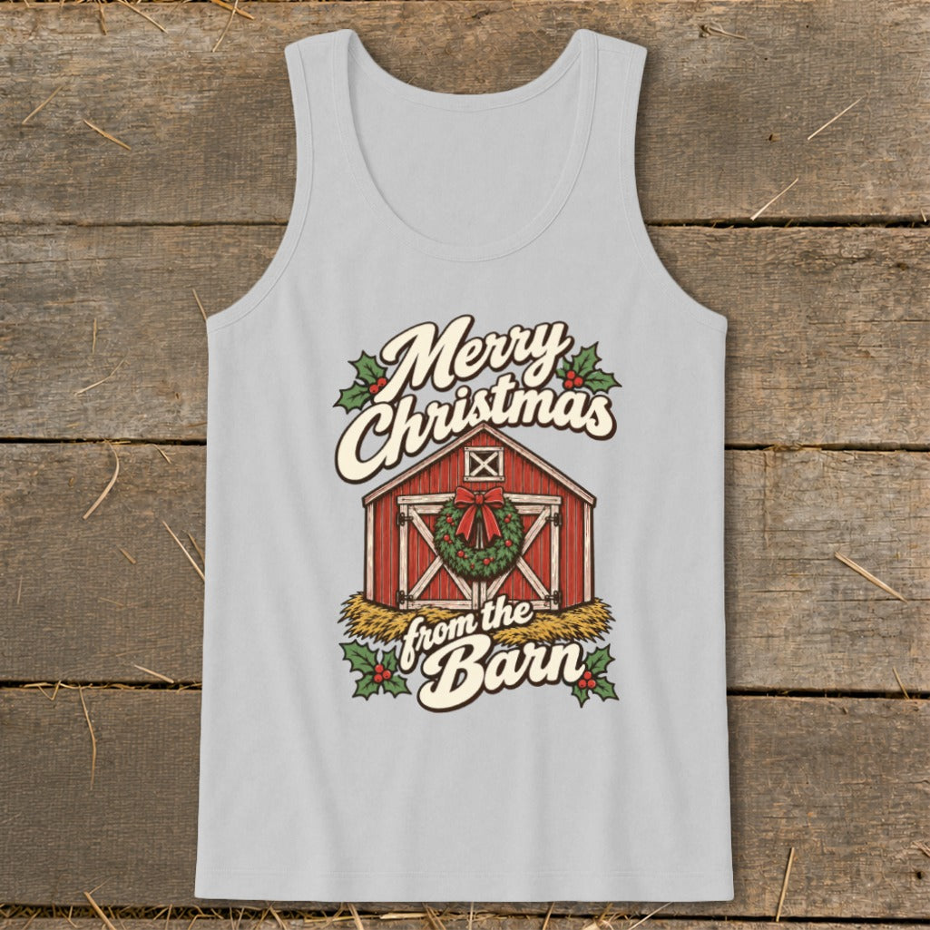 Light grey tank top with "Merry Christmas from the Barn" text and barn graphic.