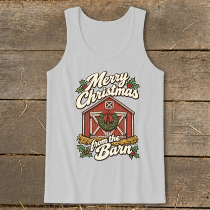 Light grey tank top with "Merry Christmas from the Barn" text and barn graphic.