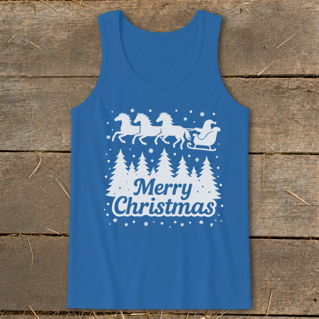 Blue tank top with white Merry Christmas graphic featuring Santa's sleigh and horses.