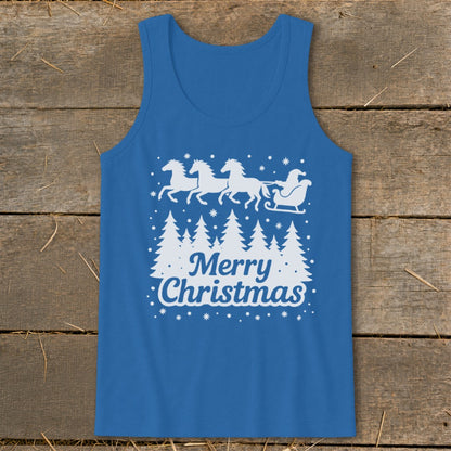 Blue tank top with white Merry Christmas graphic featuring Santa's sleigh and horses.