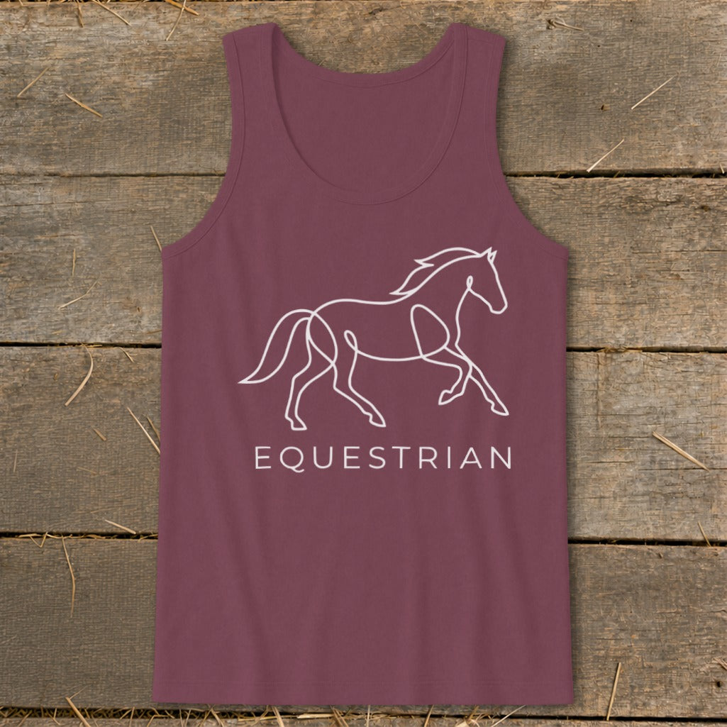 Maroon tank top with white line art of a running horse and the word "EQUESTRIAN".