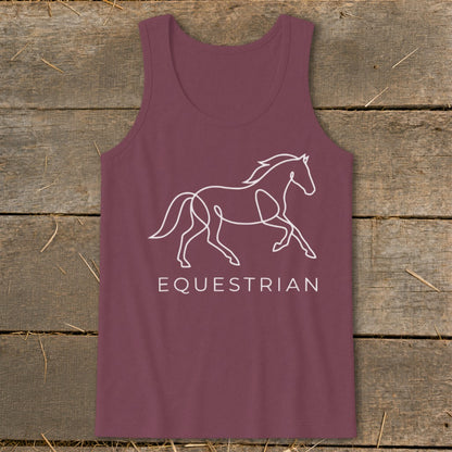 Maroon tank top with white line art of a running horse and the word "EQUESTRIAN".