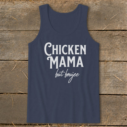 Navy tank top with white text reading "CHICKEN MAMA but boujee".