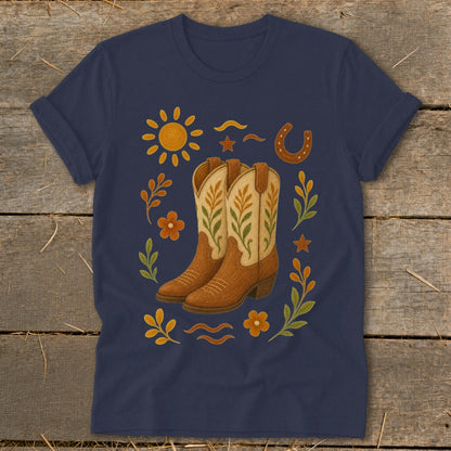Navy t-shirt with a cowboy boot graphic surrounded by floral and sun elements.