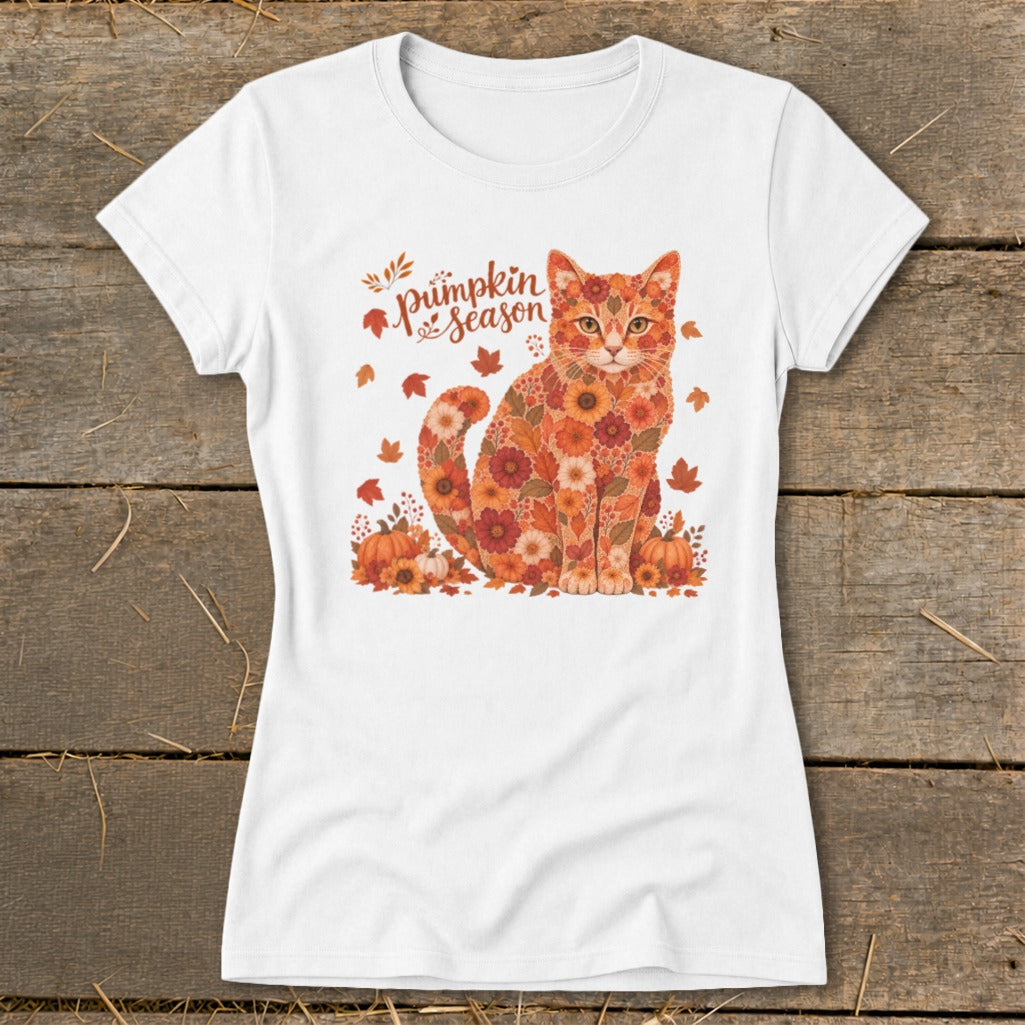 White t-shirt with a floral cat design and "Pumpkin Season" text.