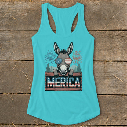 Donkey wearing sunglasses and holding a "MERICA" sign with fireworks.