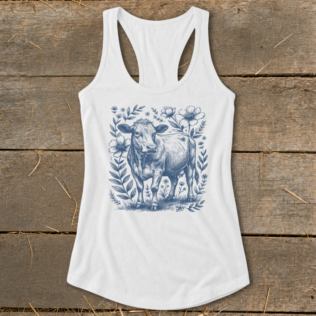 White tank top with blue line art of a cow surrounded by flowers and leaves.