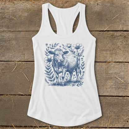 White tank top with blue line art of a cow surrounded by flowers and leaves.