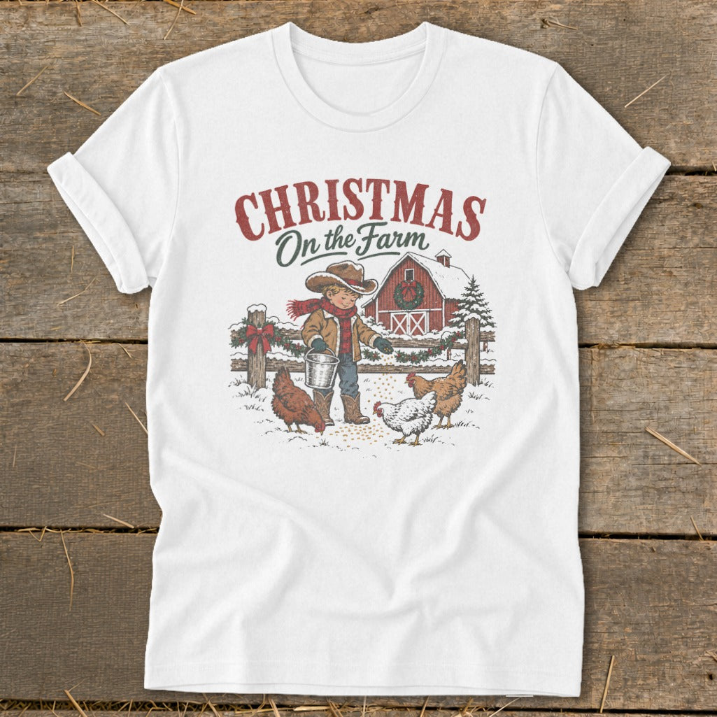 Christmas On the Farm graphic with cowboy feeding chickens near a barn.