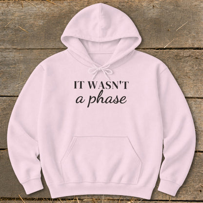 Pink hoodie with "IT WASN'T a phase" text on chest, displayed on wood.