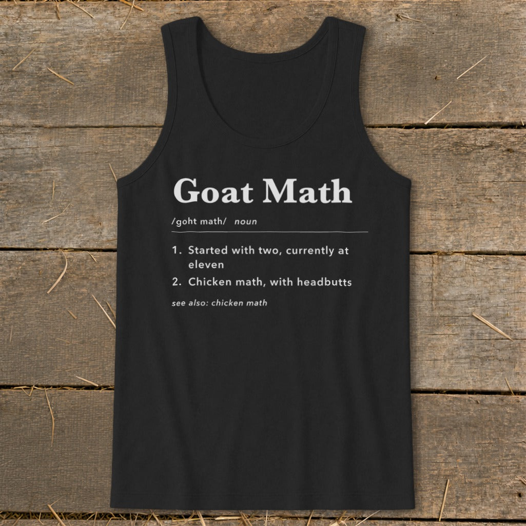 Black tank top with "Goat Math" definition printed in white text.