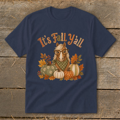 Horse wearing glasses with pumpkins and autumn leaves, says "It's Fall Y'all".