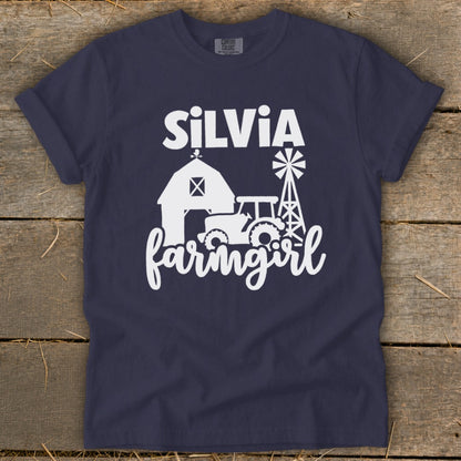 Navy t-shirt with "SILVIA farmgirl" text, barn, tractor, and windmill graphic.