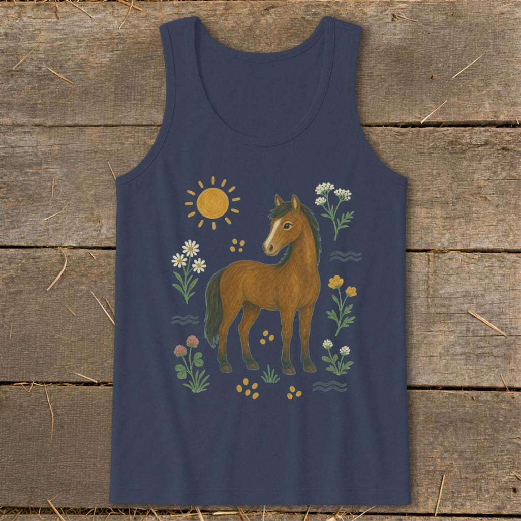 Navy tank top with brown horse and floral watercolor illustration.