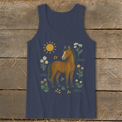 Navy tank top with brown horse and floral watercolor illustration.
