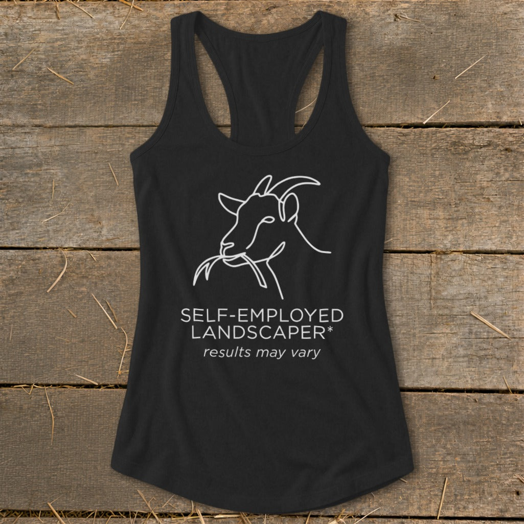 Black tank top with a white line drawing of a goat eating grass and text.
