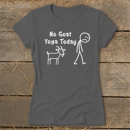 Dark grey t-shirt with white text and stick figures: "No Goat Yoga Today."