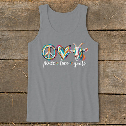 Gray tank top with colorful peace sign, heart, goat, and text.
