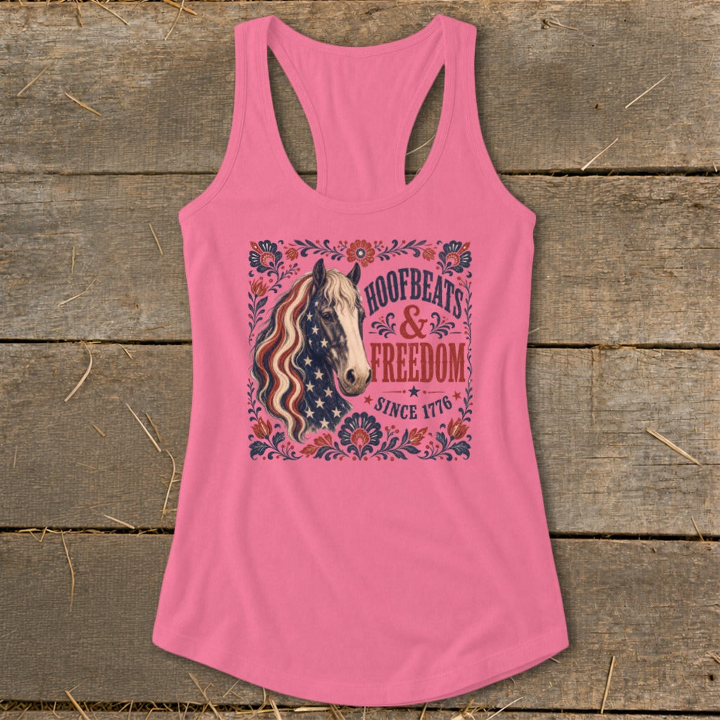 Pink tank top with a horse head graphic and text "Hoofbeats & Freedom Since 1776."