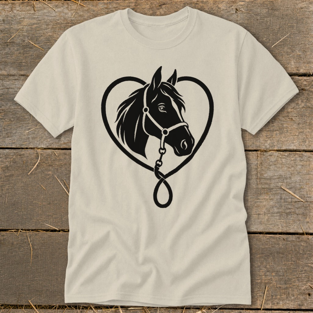 Cream-colored crewneck t-shirt featuring a black graphic of a horse head framed by a heart.