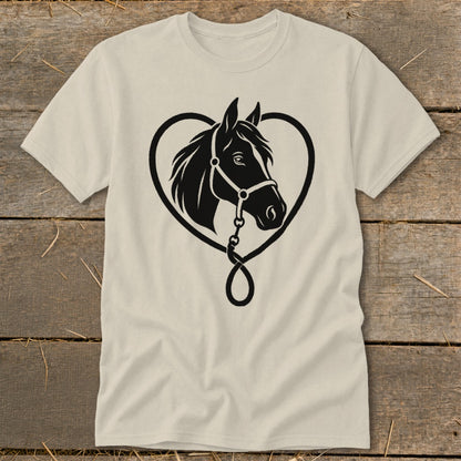 Cream-colored crewneck t-shirt featuring a black graphic of a horse head framed by a heart.