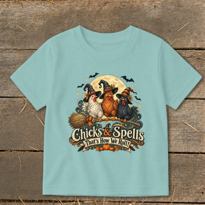 Three chickens in witch hats fly on a broomstick with "Chicks & Spells" text.