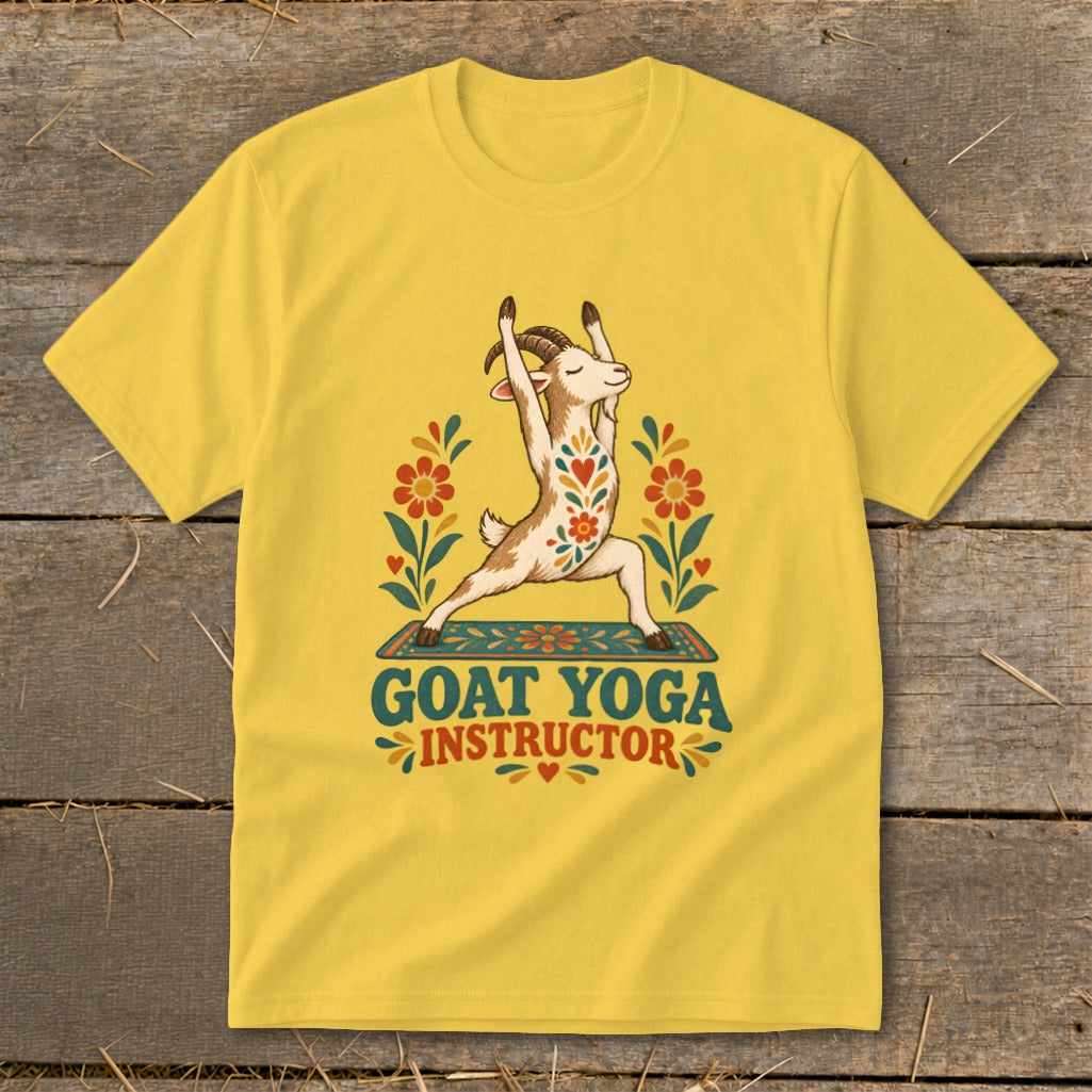 Yellow t-shirt with a goat doing yoga and "Goat Yoga Instructor" text.