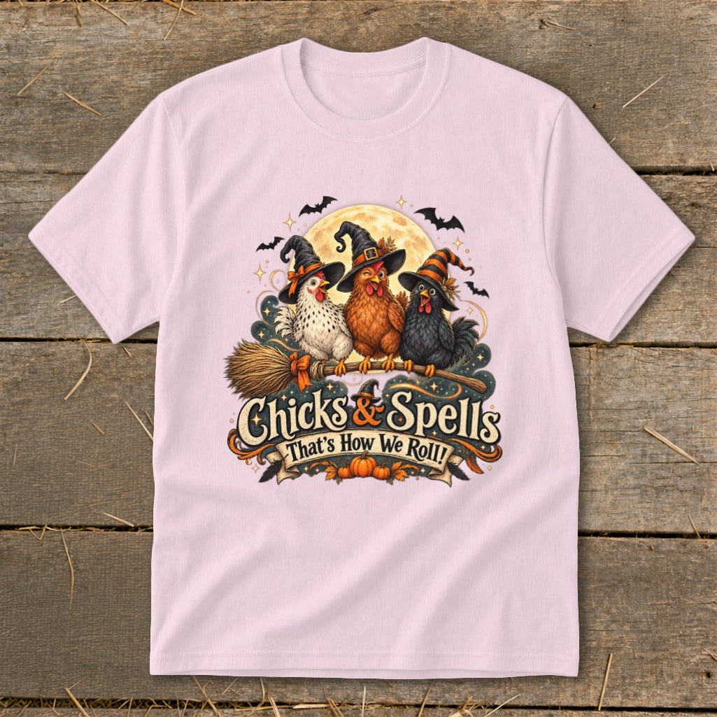 Three witches hats wearing chicks on a broomstick with "Chicks & Spells" text.