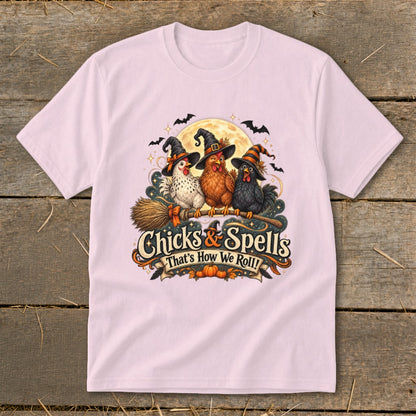 Three witches hats wearing chicks on a broomstick with "Chicks & Spells" text.