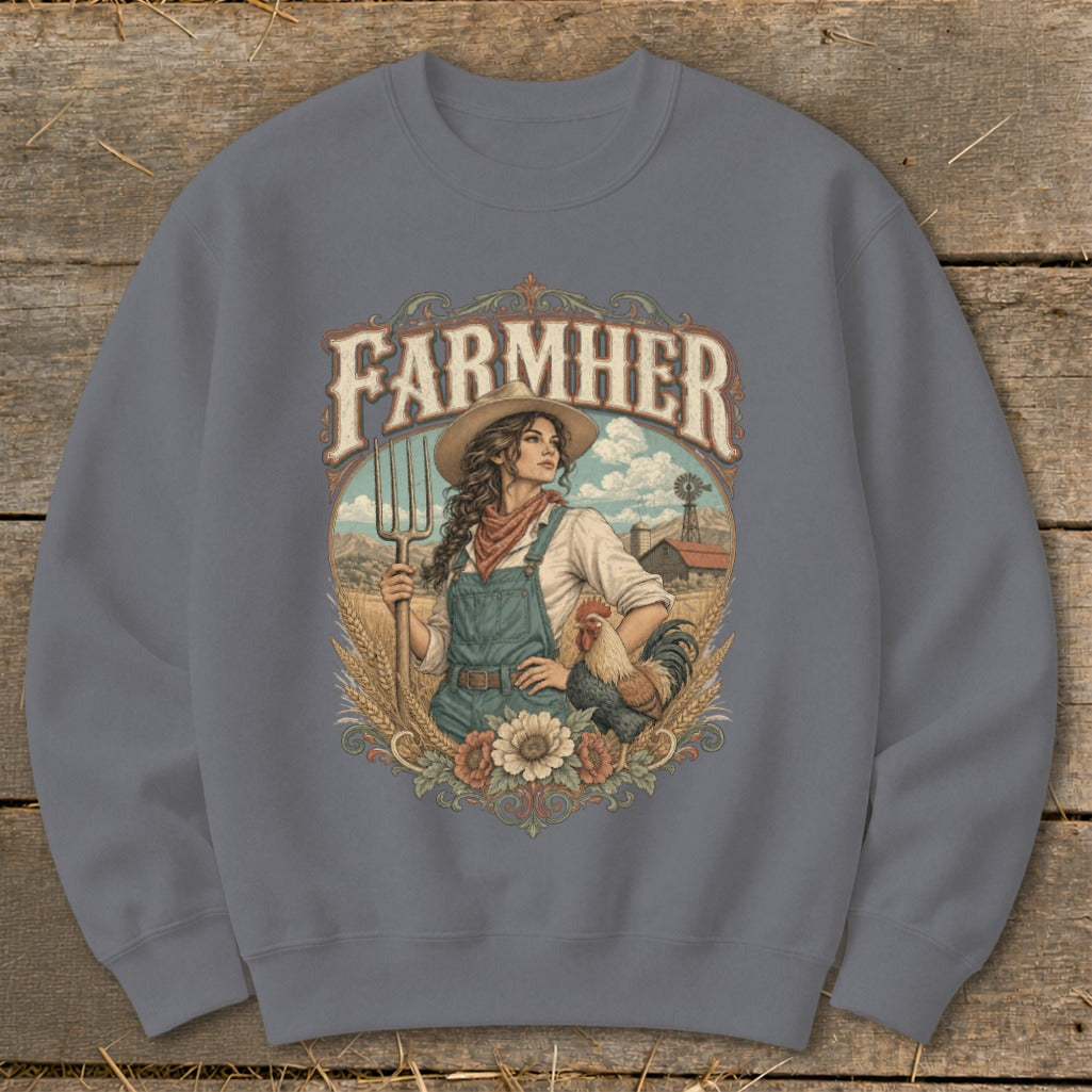 "FARMHER" graphic on sweatshirt with farmer, rooster, windmill, and barn background.